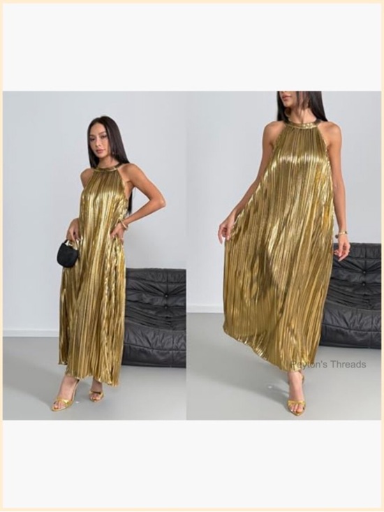 Warehouse Dresses & Skirts - Warehouse Metallic Gold Pleated Halter Maxi Dress